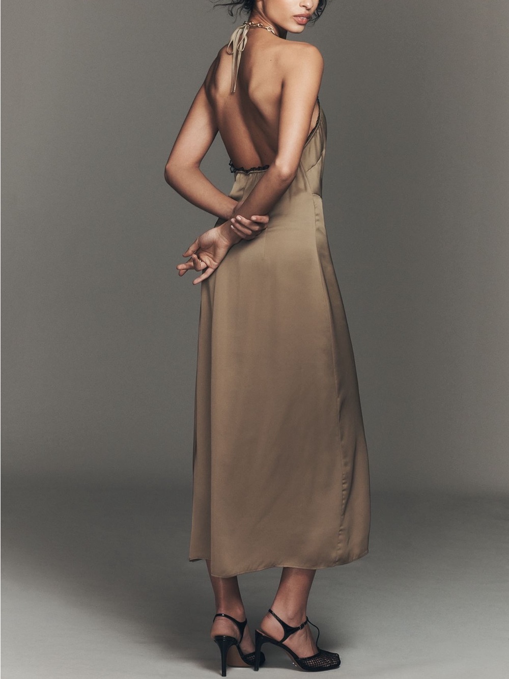 Anthropologie Gorgeous Lace Halter Midi Taupe Satin Slip w Black Lace Trim Dress - Picture 4 of 11